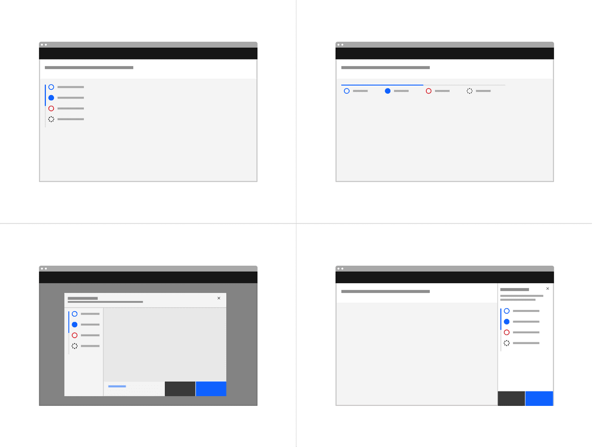 Examples of progress indicators on a full page, tearsheet, and side panel